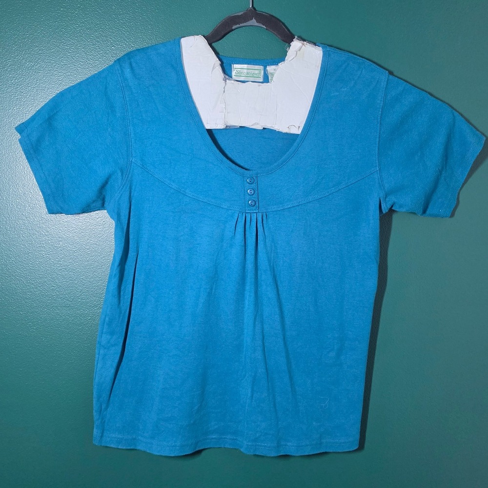 Shenanigans Women XL Turquoise Blue Cotton Short Sleeve Scoop Neck Henley Top